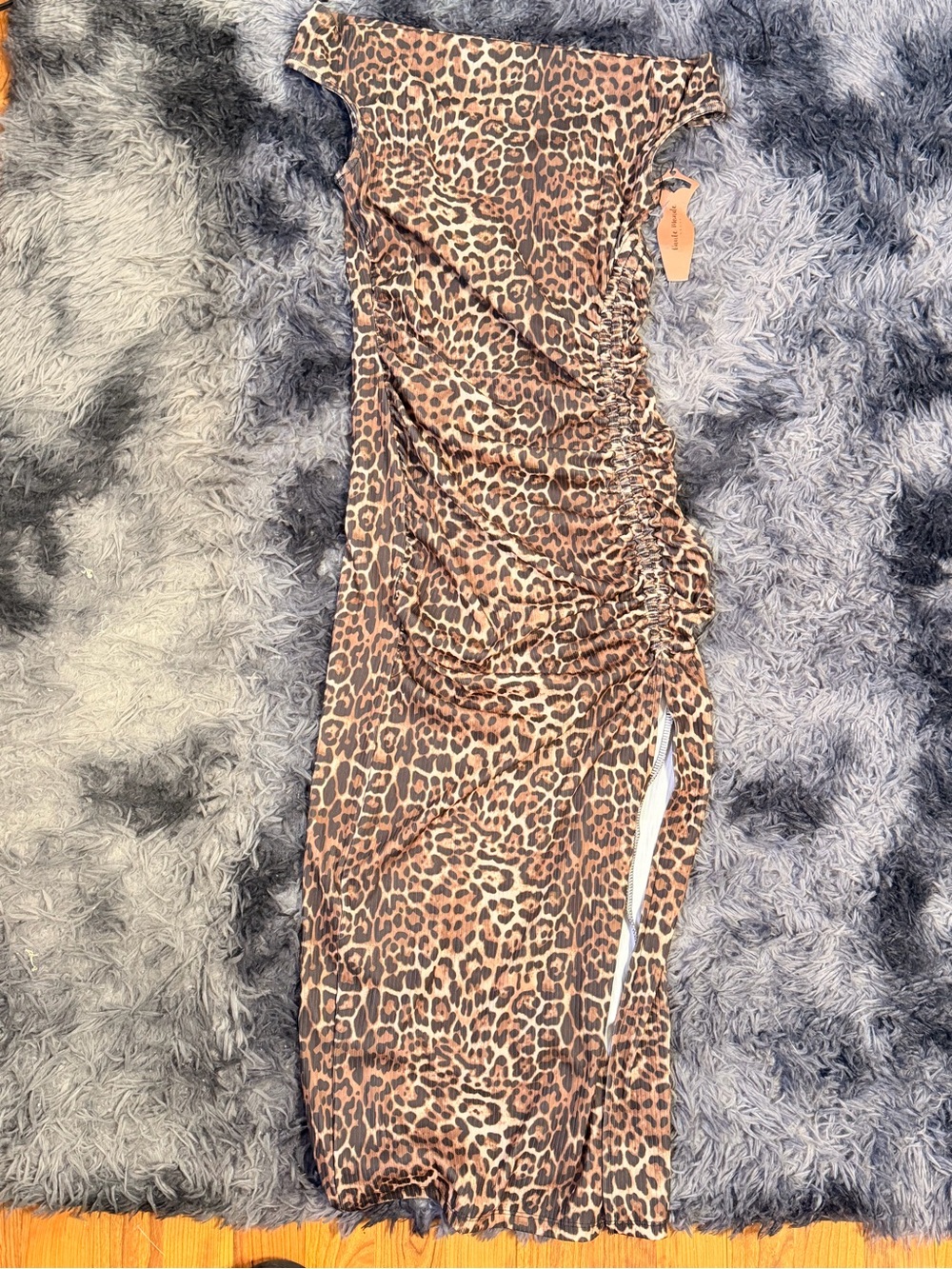 Leopard Print Ruched Side-Slit Maxi Dress in Brown